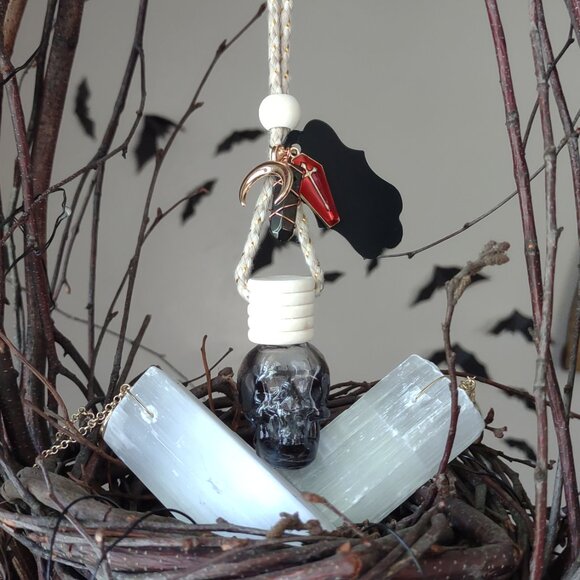 Skull Diffuser, 'Lord of Misrule' Scent, w/ Coffin & Black Aura Quartz - Picture 1 of 8